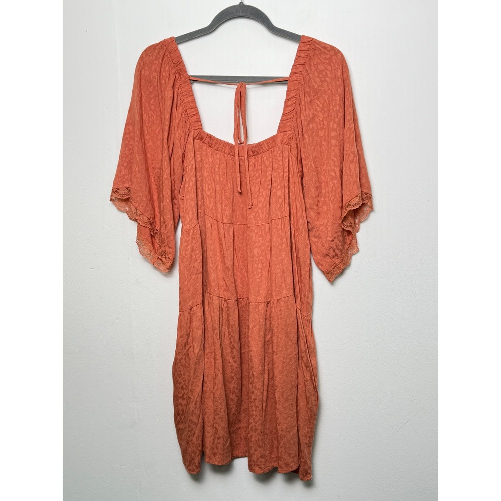 Wild Moss Baby Doll Orange Tiered Square Neck Lace Trim Flowy Sleeve Mini Dress - Picture 6 of 7